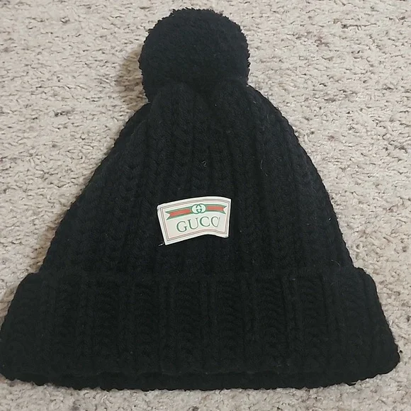Gucci Black Wool Puff Beanie Winter Cap Hat Sz. S (stretchy) - Picture 5 of 6